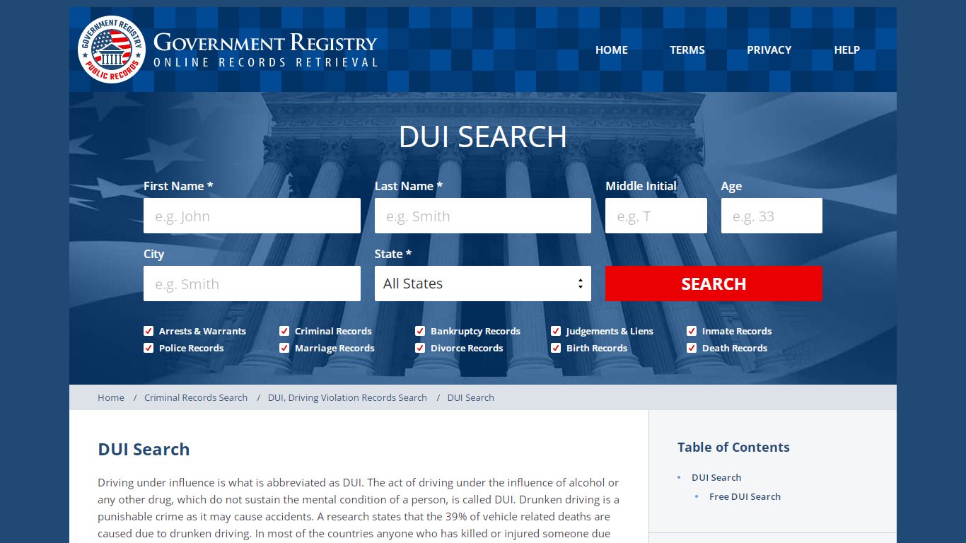 DUI Search | Free DUI Search - GovernmentRegistry.Org